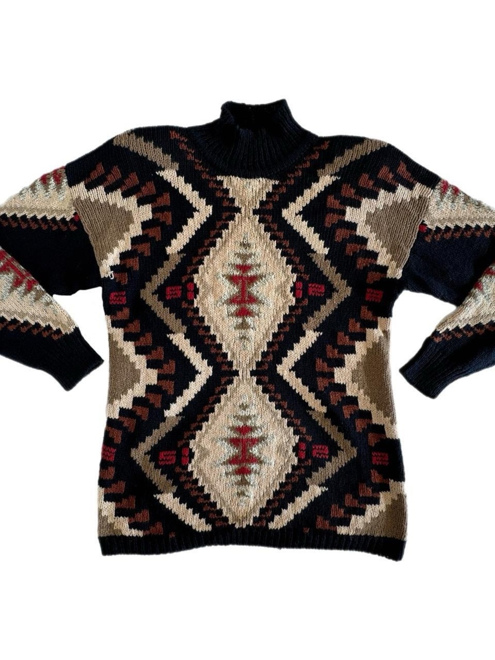 JEANNE PIERRE Black, Tan & Red Geometric Turtleneck Knit Sweater